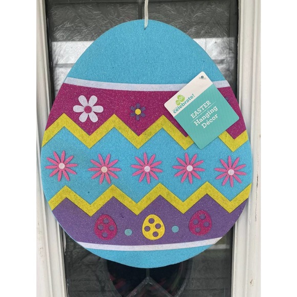 Yellow Blue Purple Glitter Flowers Easter Egg Wreath Wall Decor Door Sign Plaque - Picture 2 of 6